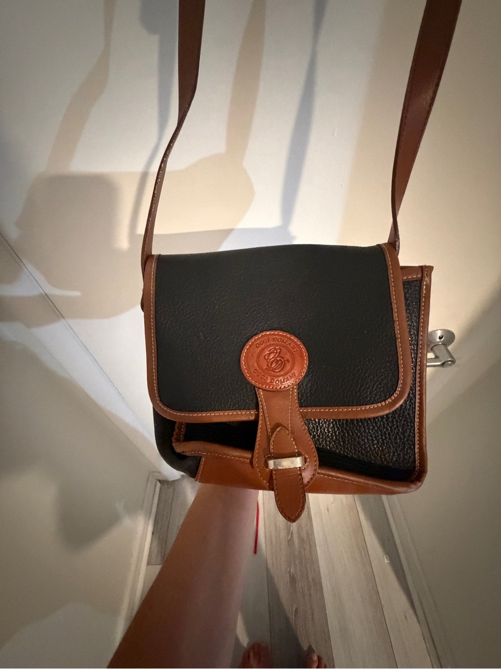 Vintage Black & Brown Leather Crossbody Bag with Round Logo